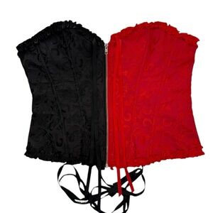 Gothic Red & Black Brocade Lace-Up Corset Top 2XL | Burlesque Victorian Alt Y2K